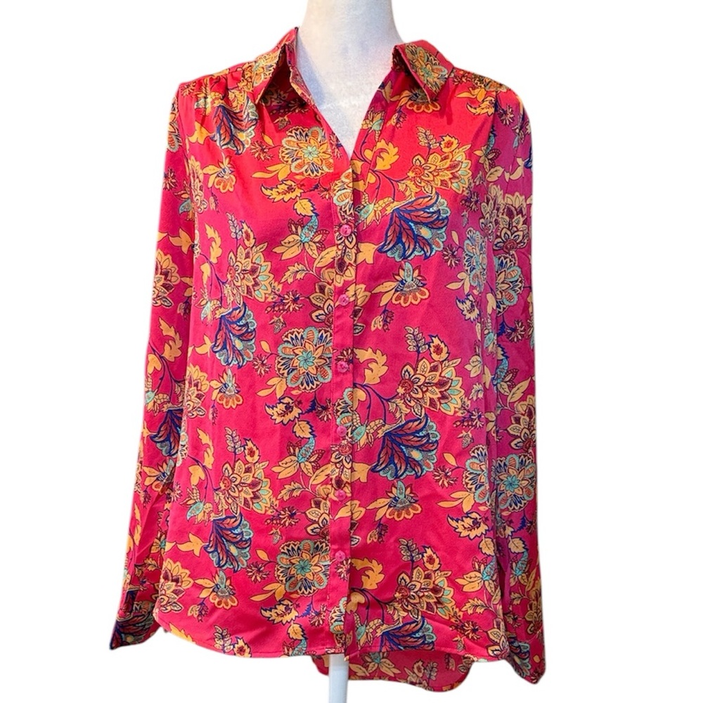 Pleione Pink Floral Long Sleeve Button Down Blouse Size‎ Large